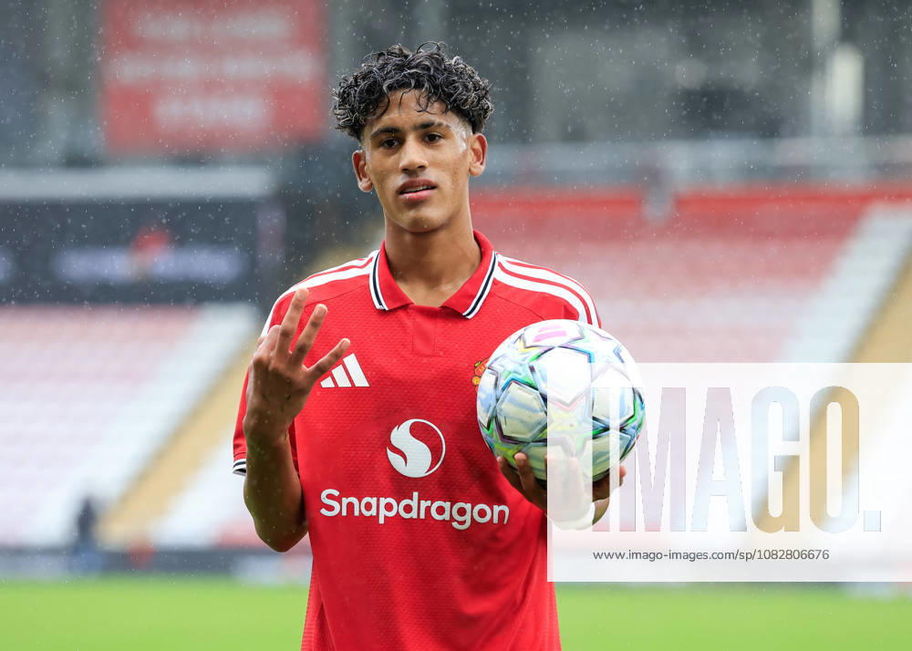 Leigh, England, 10th September 2026. Joseph Junior Andreou Gabriel (JJ Gabriel) of Manchester United, ManU celebrates with the match ball after scoring a hat-trick following the Manchester United U19 vs Sabah U19 UEFA Youth League match at Leigh Sports Village, Leigh. Picture credit should read: Cody Froggatt Sportimage . SPI_026_CF_MANCHESTER_UNITED_U19_V_SABAH_U19 SPI-4987-0027