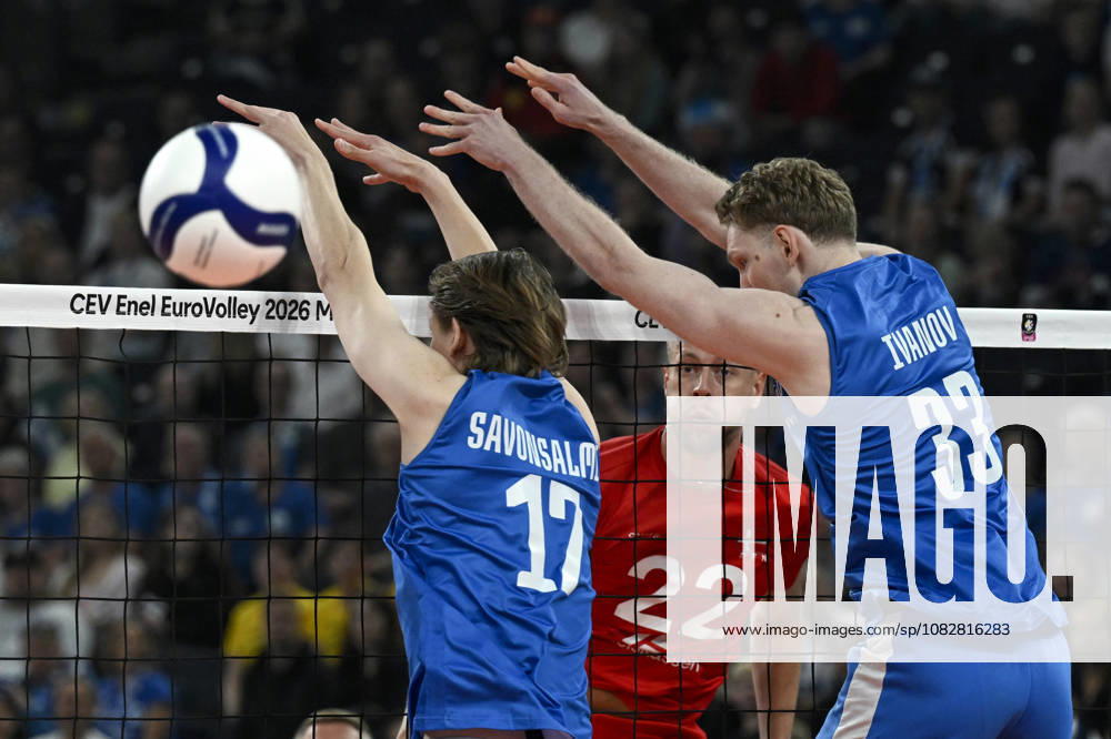 LKS 20260910 Severi Savonsalmi (left) and Fedor Ivanov of Finland and Oskar Kjerstein Madsen of Denmark in action during men s volleyball European Championships Pool C match Finland vs Denmark in Tampere on September 10, 2026. - EMMI KORHONEN Tampere Finland 60fYFza1G0A