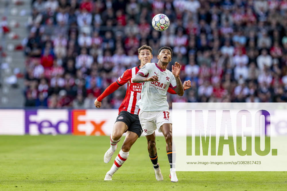 EINDHOVEN l PSV Eindhoven forward Ruben van Bommel and Shakhtar Donetsk defender Vinicius Tabios during the UEFA Champions League match between PSV and Shakhtar Donetsk at Philips Stadion on September 10, 2026, in Eindhoven, the Netherlands. Photo by DeFodi Images