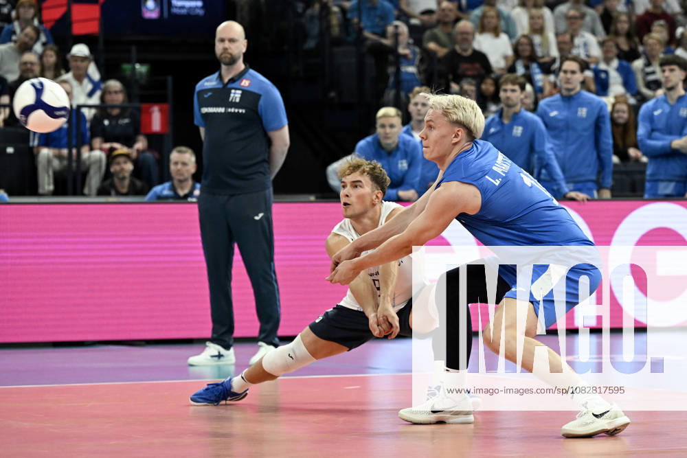 LKS 20260910 From left, head coach Olli Kunnari, Voitto Köykkä and Luka Mattila of Finland during men s volleyball European Championships Pool C match Finland vs Denmark in Tampere on September 10, 2026. - EMMI KORHONEN Tampere Finland E8mlfLyg3CQ