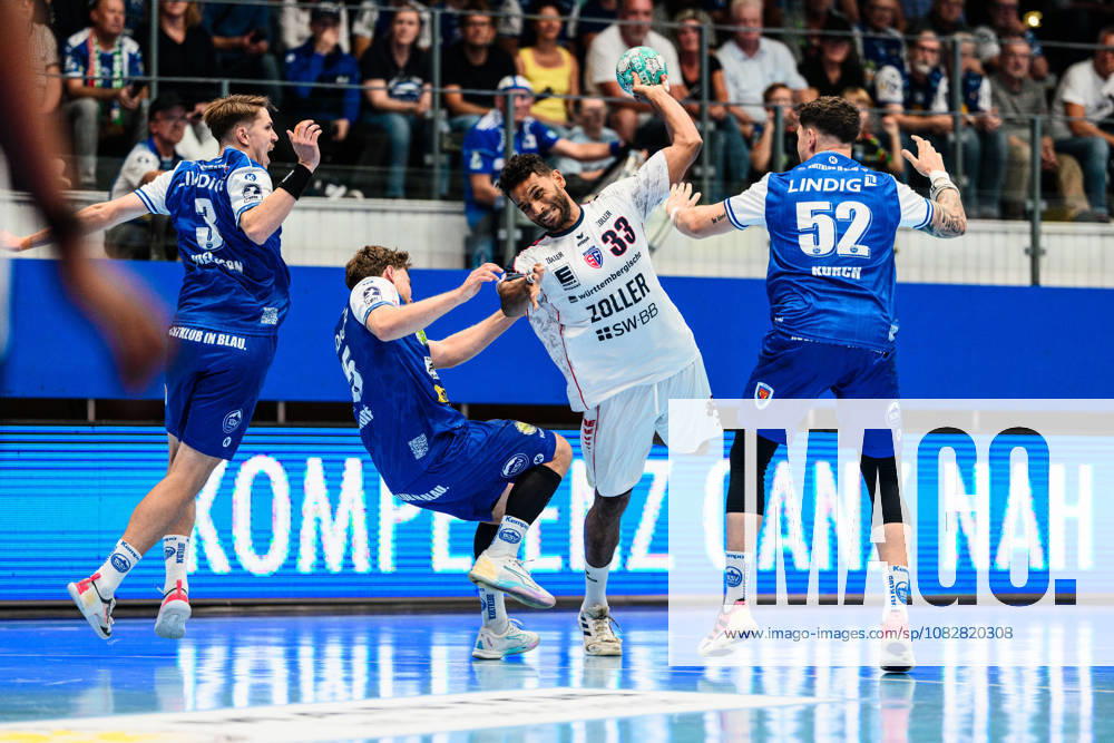 Djibril MBengue (SG BBM Bietigheim), 33, is stopped by David More (ThSV Eisenach), 15, and Justin Kurch (ThSV Eisenach), 52; Oskar Joelsson (ThSV Eisenach), 03; GER, ThSV Eisenach vs. SG BBM Bietigheim, 1st Opel Handball Bundesliga, Handball, Matchday 4, 2026–2027 season, 7:00 p.m., September 10, 2026, GER, ThSV Eisenach vs. SG BBM Bietigheim, 1st Opel Handball Bundesliga, Handball, Matchday 4, 2026–2027 season, 7:00 p.m., September 10, 2026, Eisenach