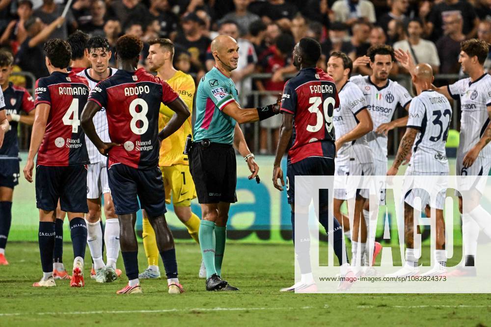 SOCCER - Serie A - Cagliari Calcio vs. Inter - FC Internazionale Photo by IPA ABACAPRESS.COM88349040 - Michael Fabbri, Referee, Alieu Fadera of Cagliari Calcio during the Cagliari Calcio vs. Inter - FC Internazionale Italian Serie A soccer match in Cagliari, Italy, on August 30, 2026 Cagliari Italy