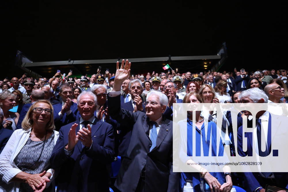 Sergio Mattarella, President of the Republic during the opening match of the CEV Enel Eurovolley 2026, between Italy and Sweden, Piazza del Plebiscito, Naples