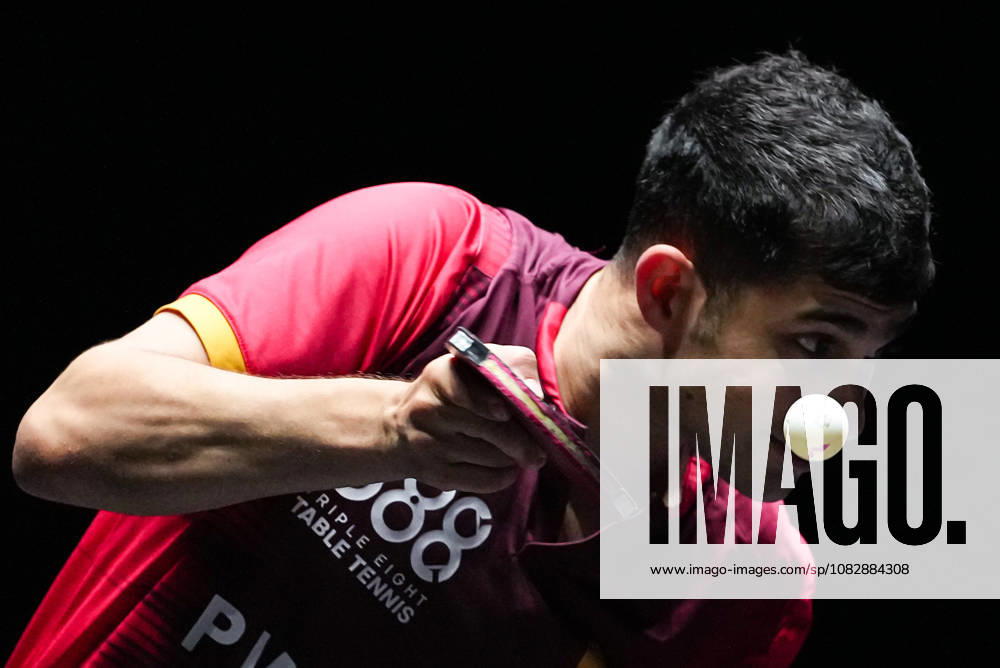 (260911) -- MACAO, Sept. 11, 2026 -- Kanak Jha hits a return during the men s singles round of 16 match between Zhou Qihao of China and Kanak Jha of the United States at the 2026 World Table tennis, Tischtennis (WTT) Champions Macao in Macao, south China, Sept. 11, 2026. ) (SP)CHINA-MACAO-TABLE TENNIS-WTT-MEN S SINGLES (CN) CheongxKamxKa