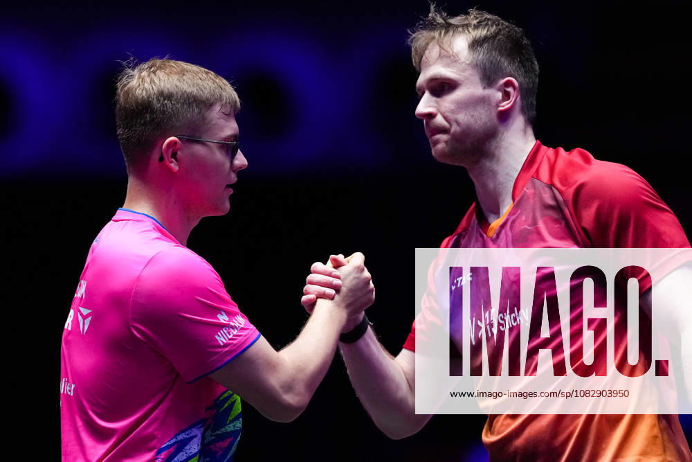 (260911) -- MACAO, Sept. 11, 2026 -- Alexis Lebrun (L) of France and Benedikt Duda of Germany shake hands after the men s singles round of 16 match between Alexis Lebrun of France and Benedikt Duda of Germany at the 2026 World Table tennis, Tischtennis (WTT) Champions Macao in Macao, south China, Sept. 11, 2026. ) (SP)CHINA-MACAO-TABLE TENNIS-WTT-MEN S SINGLES (CN) CheongxKamxKa