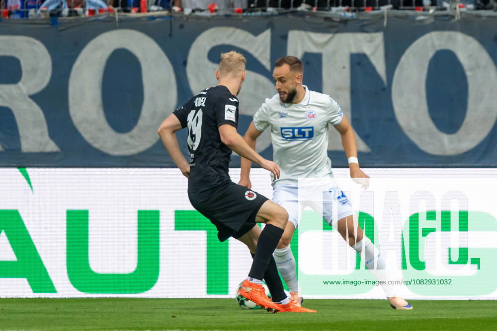 Tackle between Meiko Sponsel of FC Viktoria Cologne, 19, and David Kopacz of FC Hansa Rostock, 27; FC Viktoria Cologne vs. FC Hansa Rostock, Soccer, 3. Liga, Matchday 5, 2026–2027 Season, September 11, 2026 DFL and DFB regulations prohibit any use of photographs as image sequences and or quasi-video. FC Viktoria Cologne vs. FC Hansa Rostock, soccer, 3. Liga, Matchday 5, 2026–2027 season, September 11, 2026, Cologne