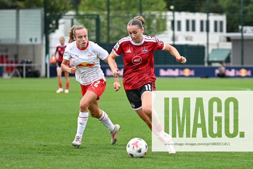 Soccer I Women s I 2026–2027 Season I Bundesliga I Matchday 4 I RB Leipzig vs. 1 FC Nürnberg I September 12, 2026: Tackle between Jasmien Mathys (12, Rasenballsport Leipzig) and Lara Meroni (11), 1 FC Nuremberg Leipzig RB Training Center, Cottaweg 7, Saxony, Germany