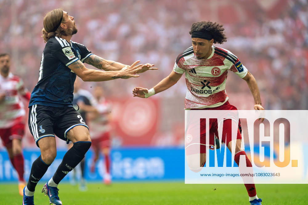 Joshua Bitter of MSV Duisburg, 29, and Anas Slimani of Fortuna Düsseldorf, 34, in a tackle during the Fortuna Düsseldorf vs. MSV Duisburg game, soccer, 3rd Division, Matchday 5, 2026–27 season, September 12, 2026, DFL regulations prohibit any use of photographs as image sequences and or quasi-video, Fortuna Düsseldorf vs. MSV Duisburg, soccer, 3. Liga, Matchday 5, 2026–27 season, September 12, 2026, Düsseldorf