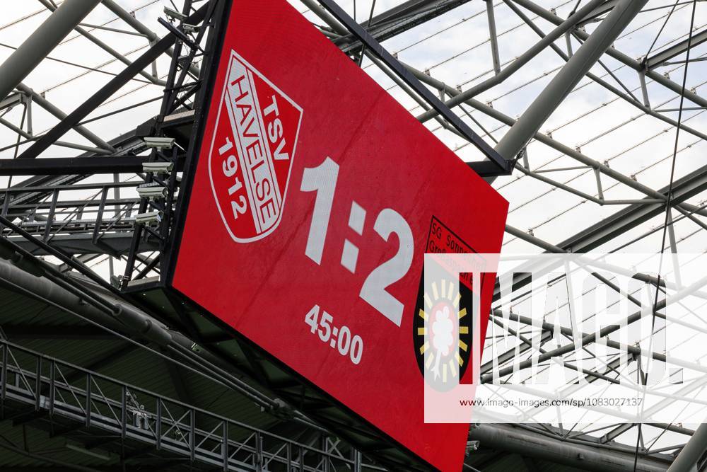 Scoreboard showing the score of 1–2 at halftime (GER), TSV Havelse vs. SG Sonnenhof Grossaspach, soccer, 3rd Division, Matchday 5, 2026–2027 season, September 12, 2026. DFL regulations prohibit the use of photographs as image sequences and or quasi-video. GER, TSV Havelse vs. SG Sonnenhof Grossaspach, soccer, 3. Liga, Matchday 5, 2026–2027 season, September 12, 2026, Hanover