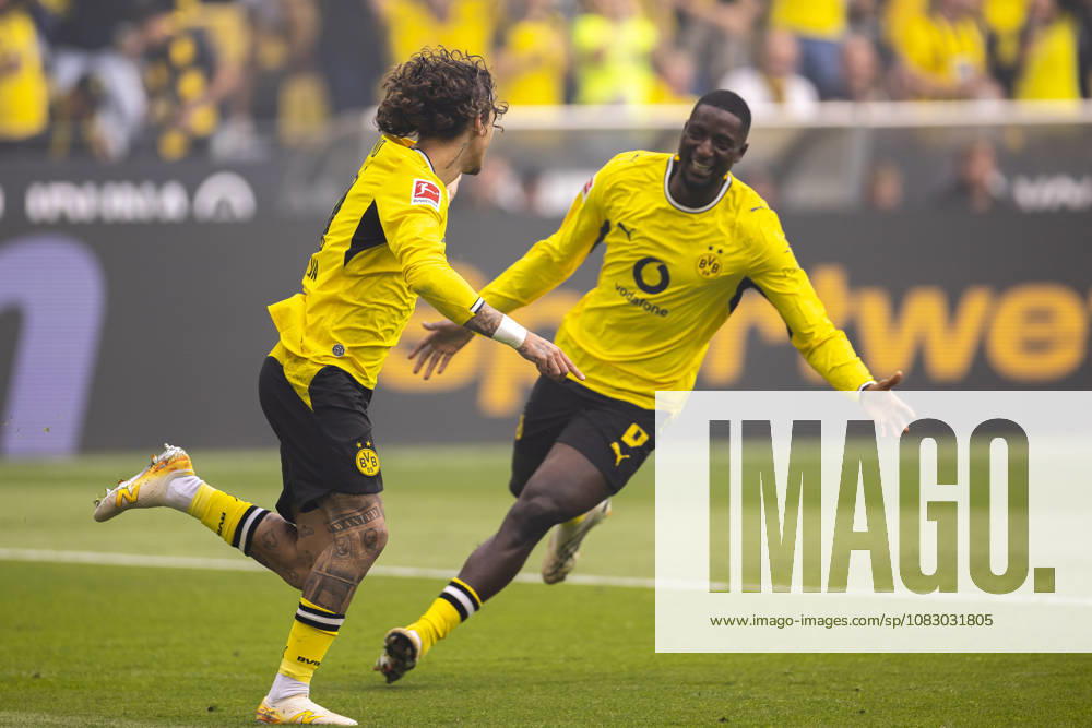Soccer, Matchday 3 of the 1st Bundesliga, Borussia Dortmund vs. SC Paderborn: Fabio Silva (Borussia Dortmund) and Serhou Guirassy (Borussia Dortmund) celebrate the 1–0 goal at Signal Iduna Park, NRW, Germany xRHR PHOTO DEx