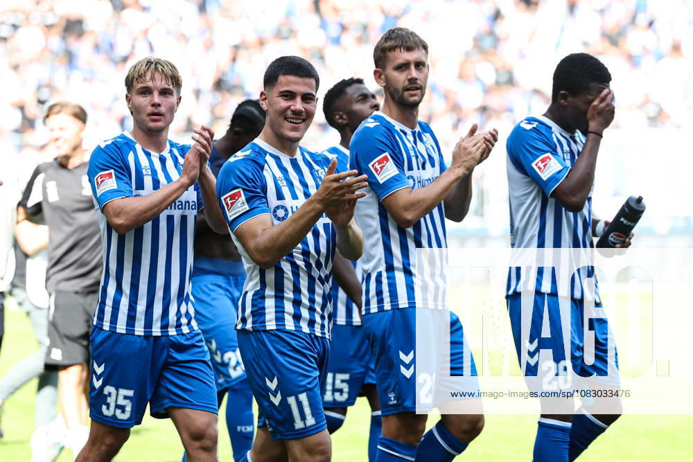 From left: Magnus Baars 1 FC Magdeburg, 35; Felipe Chavez 1 FC Magdeburg, 11; Torben Müssel 1 FC Magdeburg, 26; Pierre Nadjombe 1 FC Magdeburg, 28 2 Bundesliga Season 2026–2027 1 FC Magdeburg vs. 1 FC Kaiserslautern at the Avnet Arena in Magdeburg Action, Soccer, Man,Men, Germany