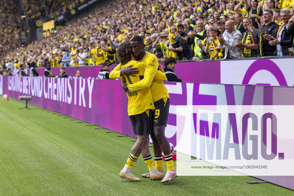 Soccer, Matchday 3 of the 1. Bundesliga, Borussia Dortmund vs. SC Paderborn; Fabio Silva and Serhou Guirassy of Borussia Dortmund celebrate the goal that put Dortmund up 2–0 at Signal Iduna Park, North Rhine-Westphalia, Germany; xRHR PHOTO DEx
