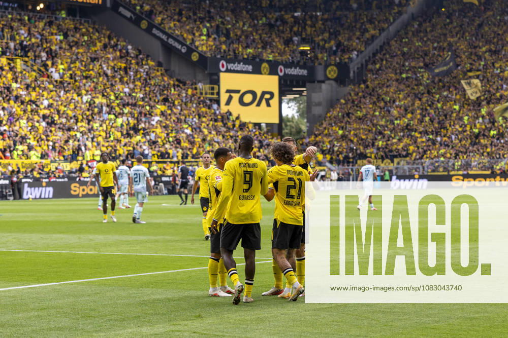 Soccer, Matchday 3 of the 1. Bundesliga, Borussia Dortmund vs. SC Paderborn. BVB players celebrate the goal that put them up 2–0. Dortmund, Signal Iduna Park, North Rhine-Westphalia, Germany. xRHR PHOTO DEx