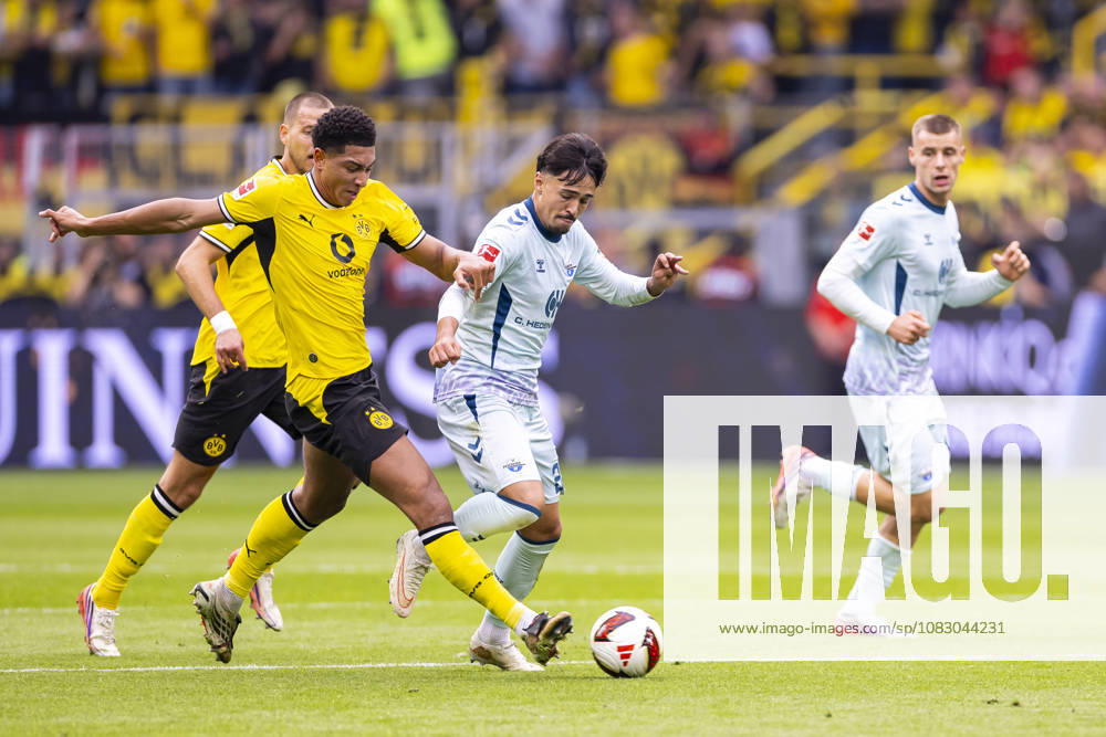Soccer, Matchday 3 of the 1. Bundesliga, Borussia Dortmund vs. SC Paderborn: Jobe Bellingham (Borussia Dortmund), Laurin Ulrich (SC Paderborn 07), Dortmund, Signal Iduna Park, North Rhine-Westphalia, Germany, xRHR, PHOTO DEx