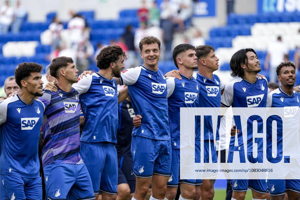 TSG 1899 Hoffenheim players, celebrating after the final whistle, joy over the victory, winners, celebrating, cheerful, positive, happy, optimistic, highlight, action, September 12, 2026, Sinsheim, Germany, soccer, Bundesliga, TSG 1899 Hoffenheim vs. VfB Stuttgart, DFB and DFL regulations prohibit any use of photographs as image sequences and or quasi-video