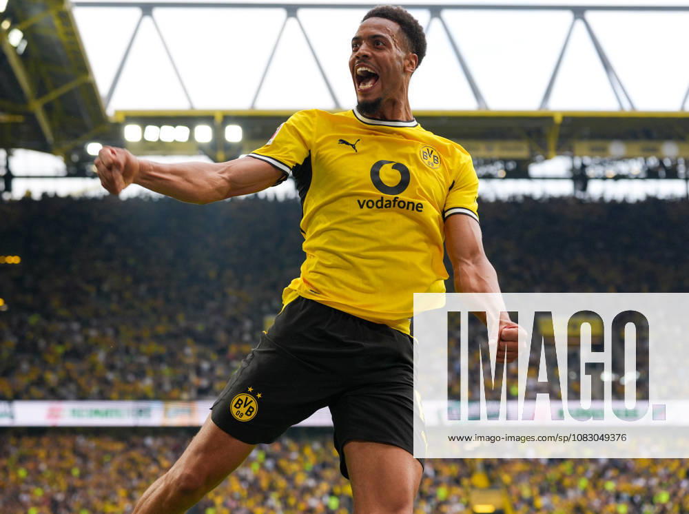 Felix Nmecha of Borussia Dortmund, No. 8, celebrates with a jump after scoring his second goal of the game to make it 3–0 GER, Borussia Dortmund vs. SC Paderborn 07, 1. Bundesliga, Matchday 3, 2026–27 season, Signal Iduna Park, Dortmund, September 12, 2026. DFL regulations prohibit any use of photographs as image sequences and or quasi-video, Borussia Dortmund vs. SC Paderborn 07, Bundesliga 1, Matchday 3, 2026–27 season, September 12, 2026, Dortmund