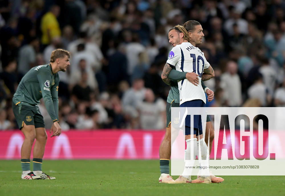 Tottenham Hotspur V Everton. Premier League. James Maddison (Spurs) and Jack Grealish (Everton) hug at the end of the game during the Tottenham Hotspur V Everton Premier League match at the Tottenham Hotspur Stadium, London. This Image is for . Licence required from the Football DataCo for any other use. Tottenham Tottenham Hotspur Stadium UK
