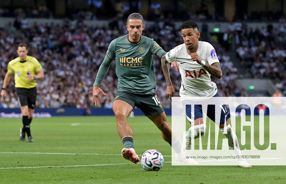 Tottenham Hotspur V Everton. Premier League. Jack Grealish (Everton) and Savio (Spurs) during the Tottenham Hotspur V Everton Premier League match at the Tottenham Hotspur Stadium, London. This Image is for . Licence required from the Football DataCo for any other use. Tottenham Tottenham Hotspur Stadium UK