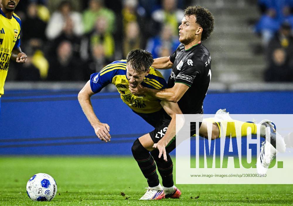 LEEUWARDEN - (lr) Mathieu Maertens of SC Cambuur, Dennis Geiger of NEC Nijmegen during the Dutch Eredivisie match between SC Cambuur and NEC Nijmegen at the Kooi Stadion on September 12, 2026 in Leeuwarden, the Netherlands. OLAF KRAAK ANP Eredivisie 2026 27 ANPxSportx IVx 568357122 originalFilename: 568357122