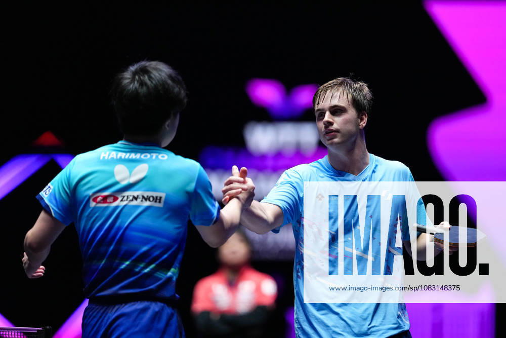 (260913) -- MACAO, Sept. 13, 2026 -- Truls Moregard (R) of Sweden and Harimoto Tomokazu of Japan shake hands after their men s singles semifinal match at the 2026 World Table tennis, Tischtennis (WTT) Champions Macao in Macao, south China, Sept. 13, 2026. ) (SP)CHINA-MACAO-TABLE TENNIS-WTT-MEN S SINGLES (CN) CheongxKamxKa