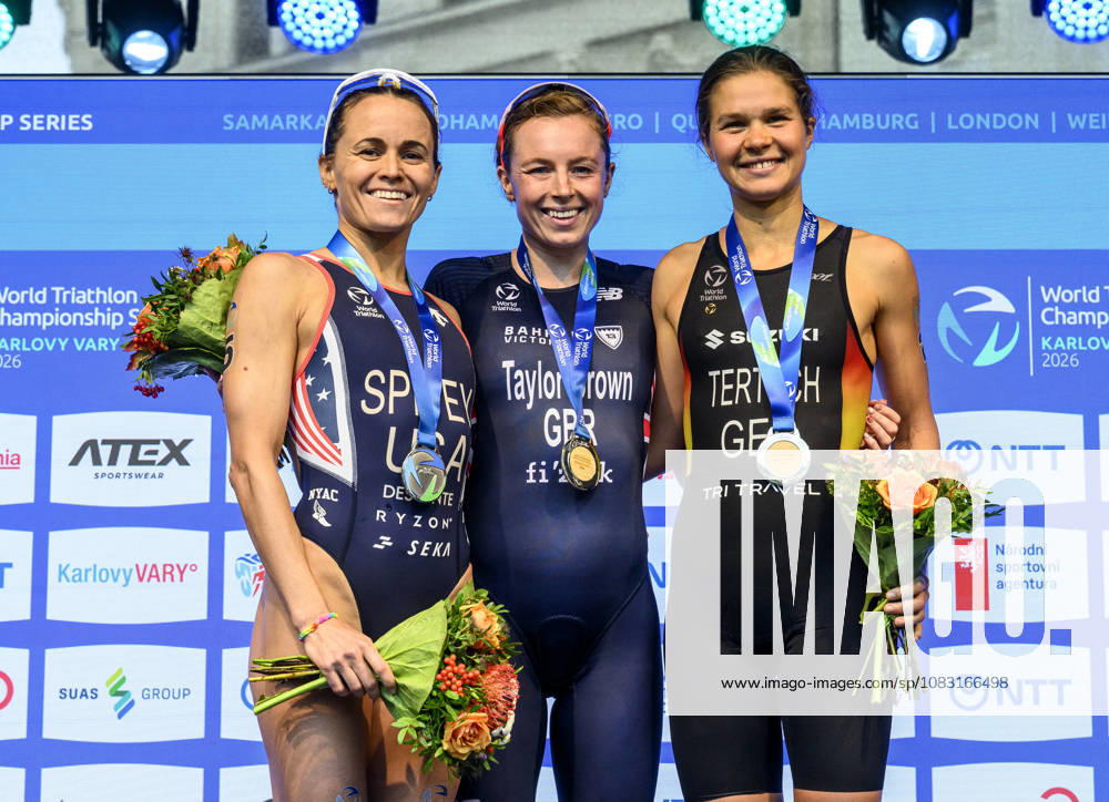 Triathlon World Championship, WM, Weltmeisterschaft races, women, September 13, 2026, Karlovy Vary, Czech Republic. (L-R) Second placed Taylor Spiveyova of USA, winner Georgia Taylor-Brown of Britain and third placed Lisa Tertsch of Germany. (CTKxPhoto OndrejxHajek) CTKPhotoP2026091302702 CTKPhotoP2026091302702