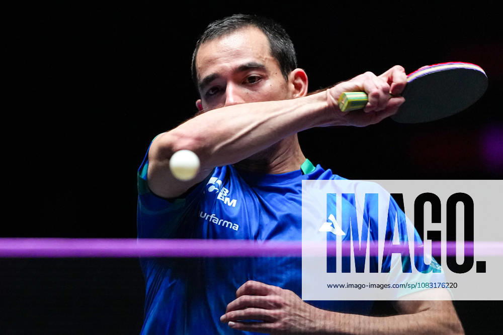 (260913) -- MACAO, Sept. 13, 2026 -- Hugo Calderano competes during the men s singles semifinal match between Hugo Calderano of Brazil and Anton Kallberg of Sweden at the 2026 World Table tennis, Tischtennis (WTT) Champions Macao in Macao, south China, Sept. 13, 2026. ) (SP)CHINA-MACAO-TABLE TENNIS-WTT-MEN S SINGLES (CN) CheongxKamxKa
