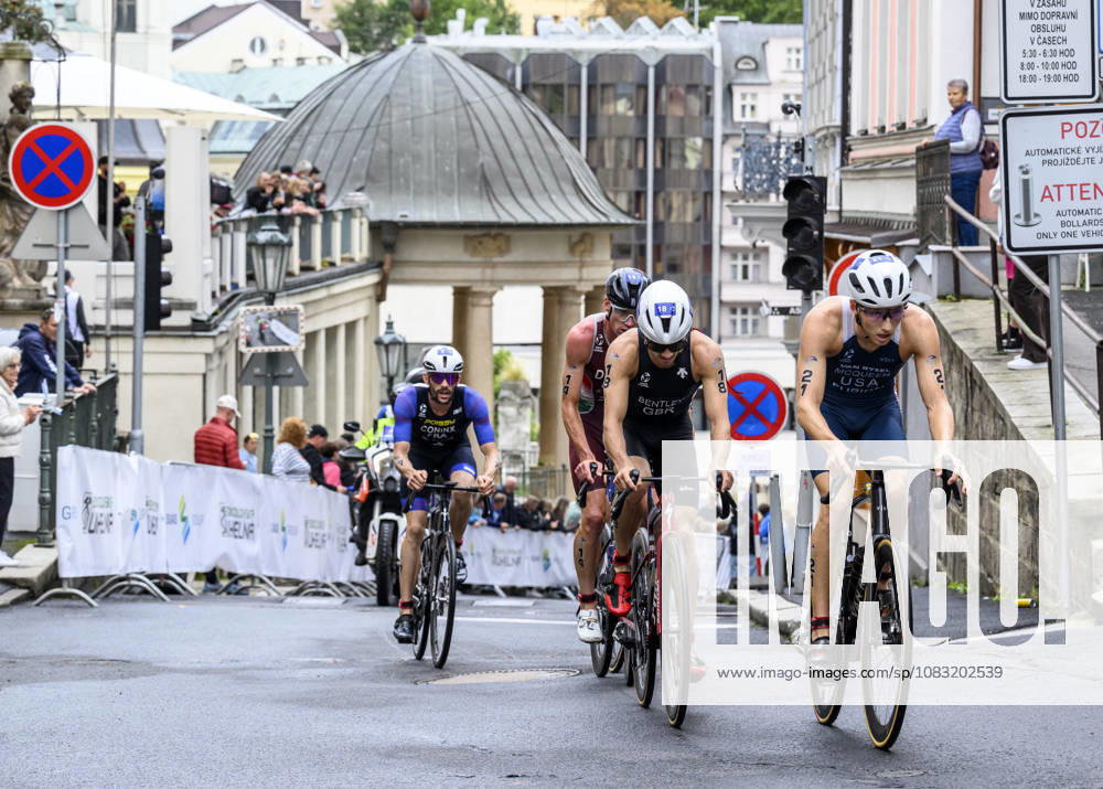 Triathlon World Championship, WM, Weltmeisterschaft races, men, September 13, 2026, Karlovy Vary, Czech Republic. From right Chase McQueen of USA, Connor Bentley of Britain, Mark Devay of Hungary and Dorian Coninx of France. (CTKxPhoto OndrejxHajek) CTKPhotoP2026091304461 CTKPhotoP2026091304461
