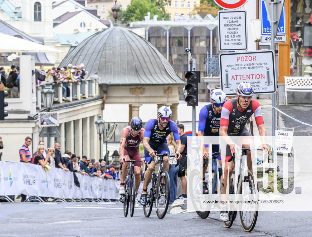 Triathlon World Championship, WM, Weltmeisterschaft races, men, September 13, 2026, Karlovy Vary, Czech Republic. From right Tjebbe Kaindl of Austria, Leo Bergere and Dorian Coninx of France and Mark Devay of Hungary. (CTKxPhoto OndrejxHajek) CTKPhotoP2026091304523 CTKPhotoP2026091304523