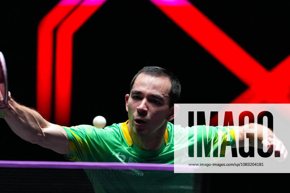 (260913) -- MACAO, Sept. 13, 2026 -- Hugo Calderano hits a return during the men s singles final match between Hugo Calderano of Brazil and Truls Moregard of Sweden at the 2026 World Table tennis, Tischtennis (WTT) Champions Macao in Macao, south China, Sept. 13, 2026. ) (SP)CHINA-MACAO-TABLE TENNIS-WTT-MEN S SINGLES-FINAL (CN) CheongxKamxKa