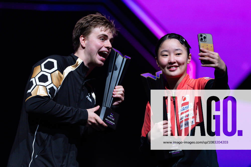 (260913) -- MACAO, Sept. 13, 2026 -- Men s champion Truls Moregard (L) of Sweden and women s champion Harimoto Miwa of Japan celebrate during the awarding ceremony for the 2026 World Table tennis, Tischtennis (WTT) Champions Macao in Macao, south China, Sept. 13, 2026. ) (SP)CHINA-MACAO-TABLE TENNIS-WTT-MEN S SINGLES-FINAL (CN) CheongxKamxKa