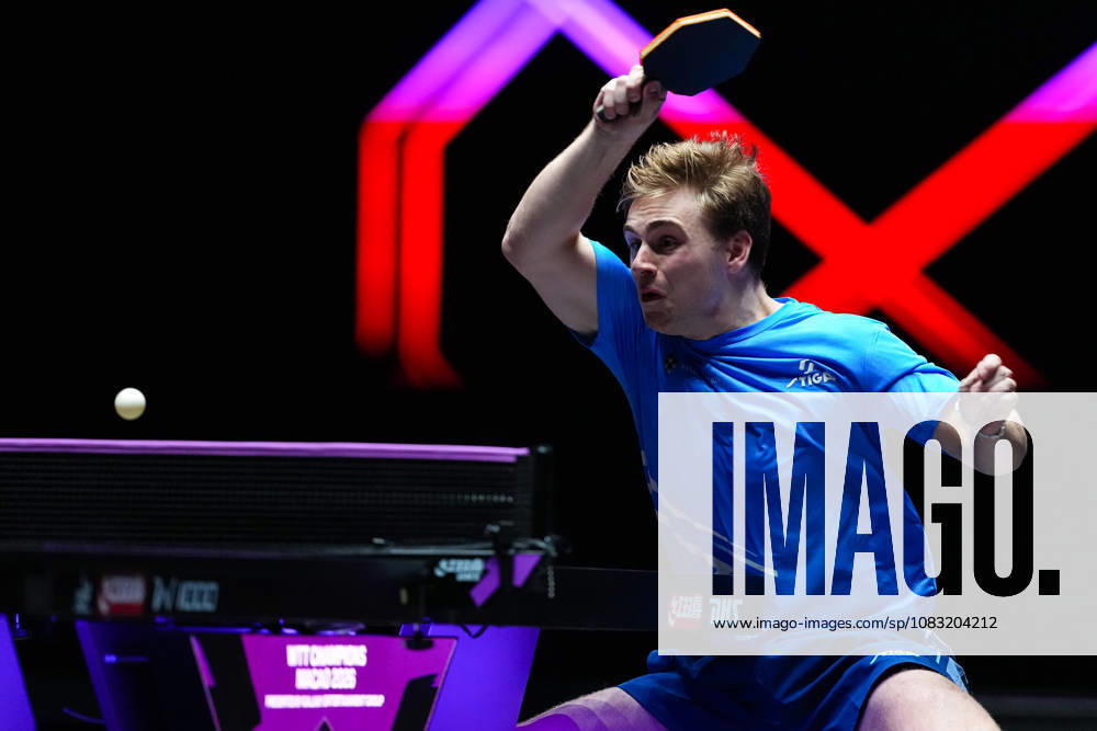 (260913) -- MACAO, Sept. 13, 2026 -- Truls Moregard hits a return during the men s singles final match between Hugo Calderano of Brazil and Truls Moregard of Sweden at the 2026 World Table tennis, Tischtennis (WTT) Champions Macao in Macao, south China, Sept. 13, 2026. ) (SP)CHINA-MACAO-TABLE TENNIS-WTT-MEN S SINGLES-FINAL (CN) CheongxKamxKa