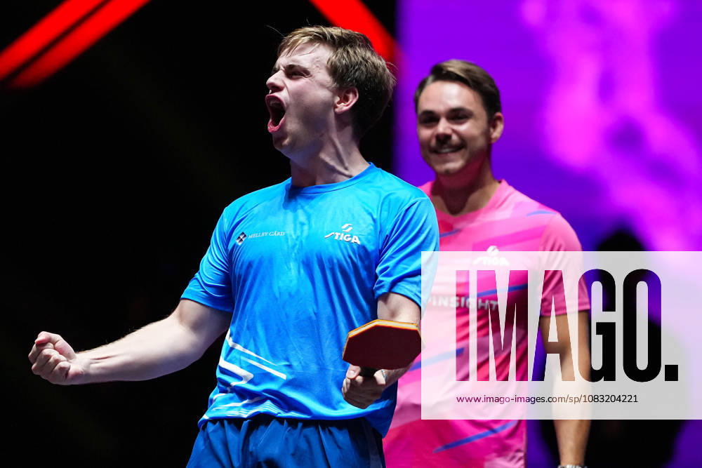 (260913) -- MACAO, Sept. 13, 2026 -- Truls Moregard celebrates after the men s singles final match between Hugo Calderano of Brazil and Truls Moregard of Sweden at the 2026 World Table tennis, Tischtennis (WTT) Champions Macao in Macao, south China, Sept. 13, 2026. ) (SP)CHINA-MACAO-TABLE TENNIS-WTT-MEN S SINGLES-FINAL (CN) CheongxKamxKa