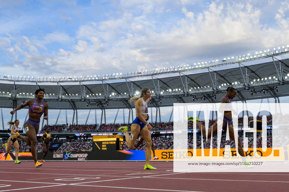 Anna Cockrell of the U.S., Emma Zapletalova of Slovakia, and Jasmine Jones of the U.S. compete in the women’s 400-meter hurdles final during the 2026 World Athletics Ultimate Championship on September 13, 2026 in Budapest. Photo: Joel Marklund. BILDBYRAN code: JM JM0852 bbeng track and field athletics friidrett 2026 World Athletics Ultimate Championship Budapest 26 women