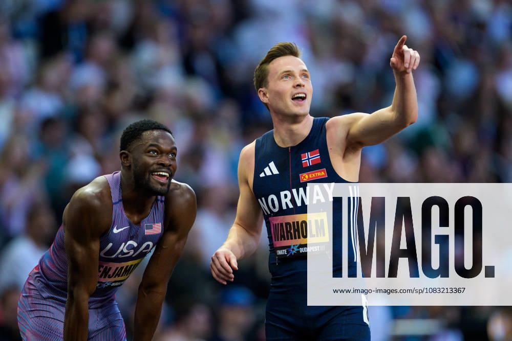 Rai Benjamin of the U.S. and Karsten Warholm of Norway after competing in the men’s 400-meter hurdles final during the 2026 World Athletics Ultimate Championship on September 13, 2026 in Budapest. Photo by Joel Marklund. BILDBYRAN code JM JM0852 bbeng track and field athletics friidrett 2026 World Athletics Ultimate Championship Budapest 26 Norway