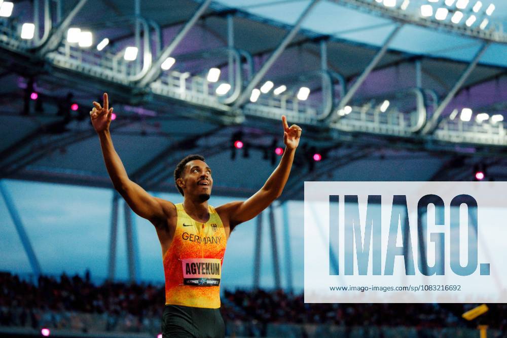 World Athletics Ultimate Championship, Budapest, September 13, 2026: Emil Agyekum (GER, SCC Berlin) celebrates with his arms raised at the World Athletics Ultimate Championships in Budapest on September 13, 2026