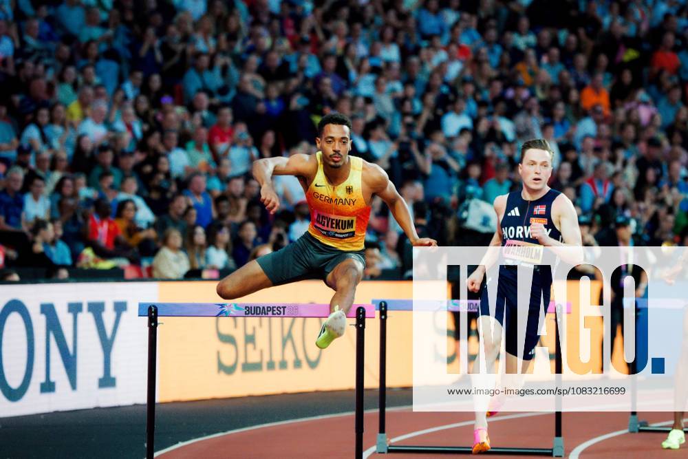 World Athletics Ultimate Championships, Budapest, September 13, 2026: Emil Agyekum (GER, SCC Berlin) and Karsten Warholm (NOR) clear hurdles during a race at the World Athletics Ultimate Championships in Budapest