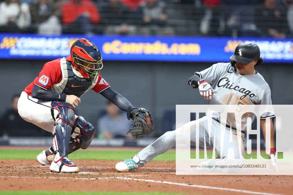 Cleveland Guardians catcher Patrick Bailey (19) forces out Chicago White Sox Munetaka Murakami (5) in the fourth inning at Progressive Field in Cleveland, Ohio on Monday, September 14, 2026. CLE20260914110 AARONxJOSEFCZYK