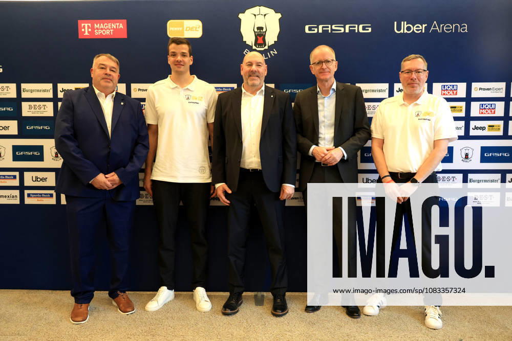 GER, DEU, Germany Georg Friedrichs, Chairman of the Board, GASAG; Thomas Bothstede, Managing Director, Eisbären; Stéphane Richer, Sports Director, Eisbären Berlin; and Head Coach Éric Dubois; Eisbären Captain Kai Wissmann; nordphoto GmbH; Engler Berlin; GASAG Berlin; Germany