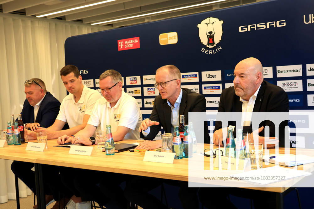 GER, DEU, Germany; Georg Friedrichs, Chairman of the Board, GASAG; Thomas Bothstede, Managing Director, Eisbären; Stéphane Richer, Sports Director, Eisbären Berlin; and Head Coach Éric Dubois; Eisbären Captain Kai Wissmann; nordphoto GmbH; Engler Berlin; GASAG Berlin; Germany