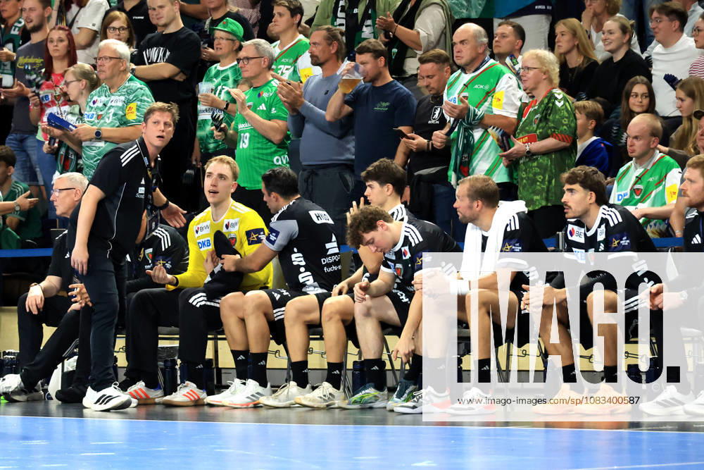 GER Germany, Handball, EHF Champions League, September 16, 2026, 2026–2027 season, Berlin, Fuechse Berlin vs. Veszprém HC, Head Coach Nicolej Krickau (Fuechse Berlin), Lasse Ludwig (Fuechse Berlin 1), players bench, nordphoto GmbH, Engler Berlin, Max Schmeling Hall, Berlin, Germany