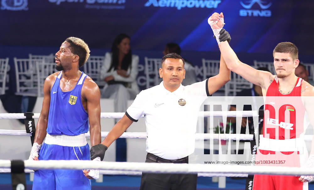 Boxen, EM in Sofia #2 17.09.2026 Sofia(Bulgaria) European Boxing Senior Elite Championships men s 70 kg Preliminaries Round of 32 Randi Botikali(L) Germany,Dhan Kumar Mainalee(C) Nepal referee, Vadzim Vauchok(R) Belarus :
