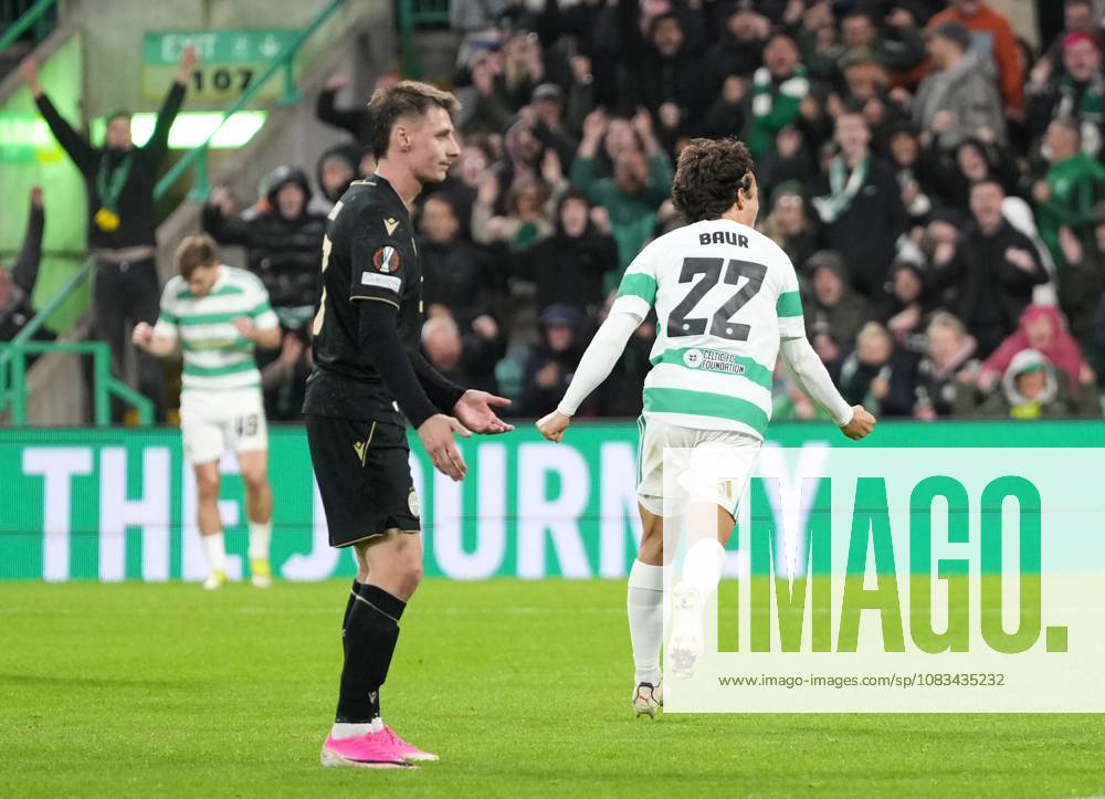 Mika Baur of Celtic celebrates scoring to tie the game 1-1 Celtic v Ferencvaros, UEFA Europa League, Football, matchday 1, Celtic Park, Glasgow, Scotland, UKGlasgow Celtic Park Scotland United Kingdom