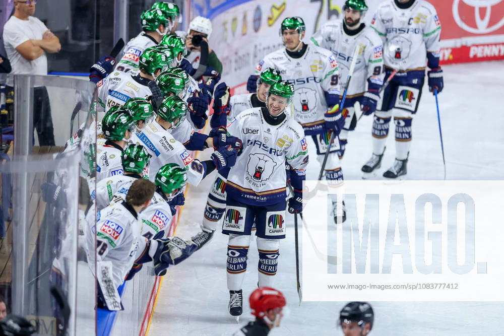 Ice hockey, DEL, Kölner Haie vs. Eisbären Berlin, Matchday 3, 2026–27 season, Lanxess Arena, Cologne. Celebrations after the goal that tied the game at 3–3, scored by Markus Vikingstad of Eisbären Berlin. 37 North Rhine-Westphalia, Germany