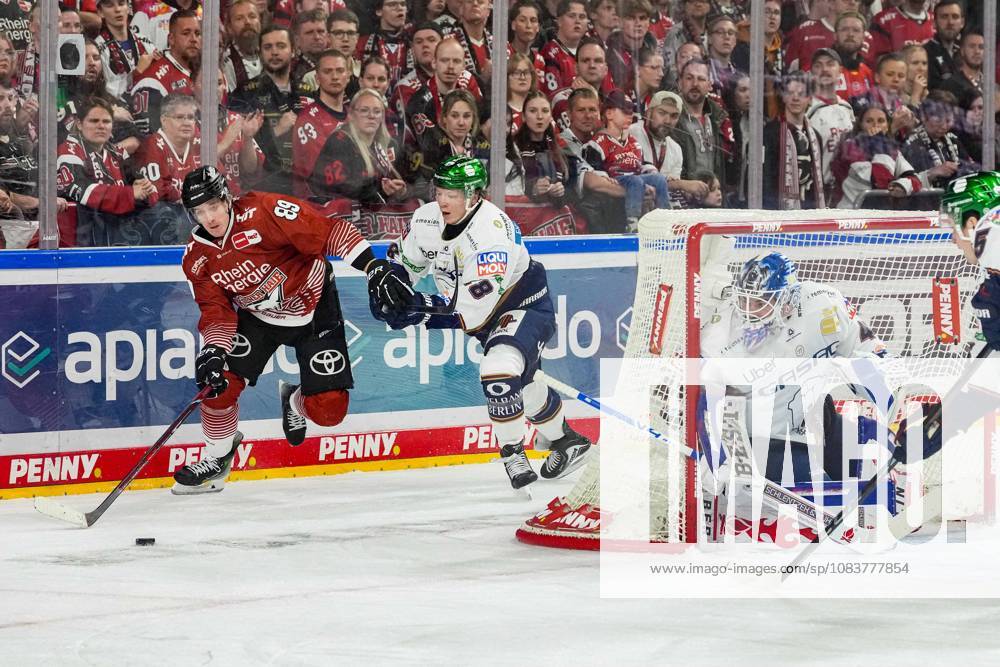 Ice Hockey: Penny DEL, Matchday 3—Cologne Sharks vs. Berlin Eisbären on September 25, 2026, at the Lanxess Arena in Cologne; Gregor MacLeod (Cologne), left: Jonas Müller (Berlin), center: Jack LaFontaine (Berlin), right: In accordance with the guidelines of the DEL (German Ice Hockey League), the publication and further use of these images in electronic media and on devices of any kind during the game is not permitted