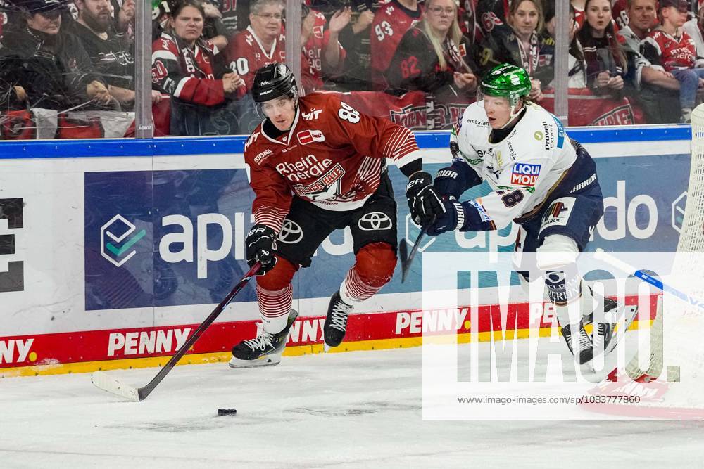 Ice Hockey: Penny DEL, Matchday 3—Cologne Sharks vs. Berlin Ice Bears on September 25, 2026, at the Lanxess Arena in Cologne; Gregor MacLeod (Cologne), left: Jonas Müller (Berlin), right: In accordance with the guidelines of the DEL (German Ice Hockey League), the publication and further use of the images in electronic media and on devices of any kind during the game is not permitted
