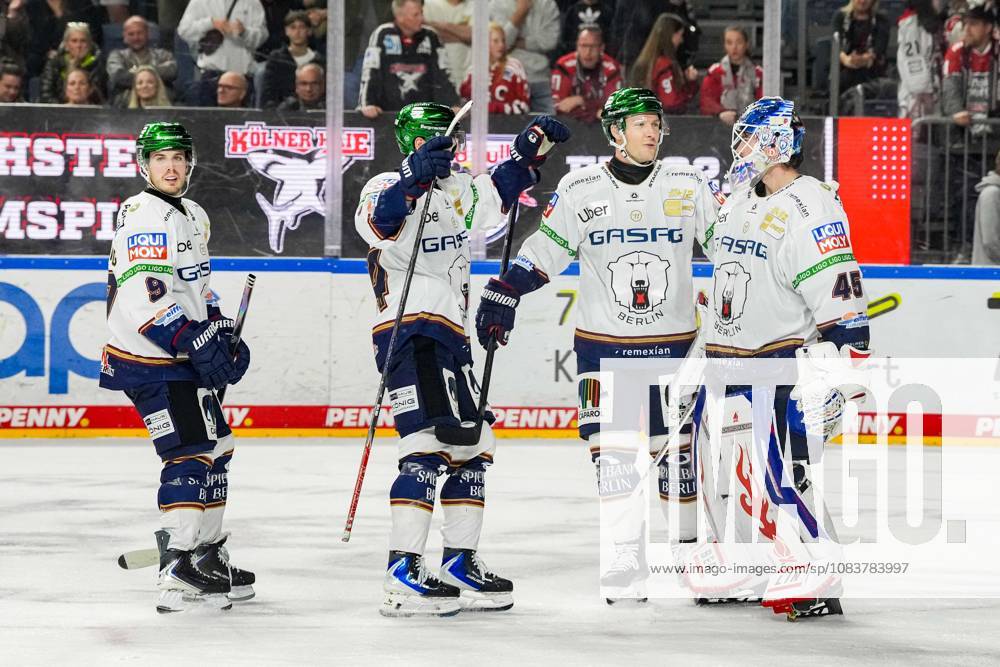 Ice Hockey: Penny DEL, Matchday 3—Cologne Sharks vs. Berlin Eisbären on September 25, 2026, at the Lanxess Arena in Cologne. Berlin’s players celebrate their 5–6 away victory after a shootout and thank Jack LaFontaine Berlin, on the right, for the strong performance. In accordance with the regulations of the DEL (German Ice Hockey League), the publication and further use of the footage in electronic media and on devices of any kind during the game is not permitted.