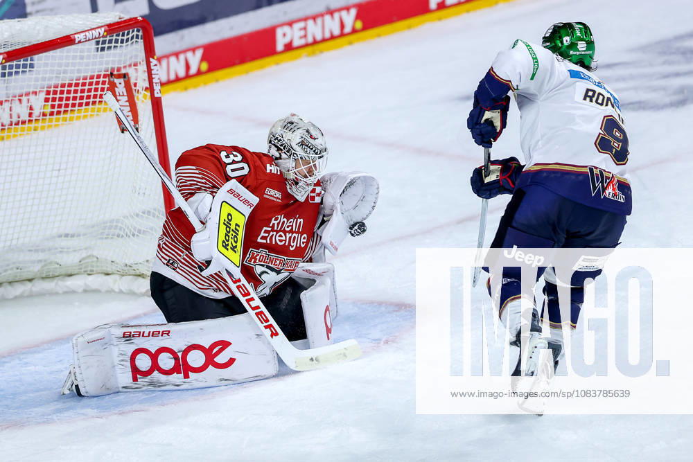 Ice Hockey, DEL, Kölner Haie vs. Eisbären Berlin, Matchday 3, 2026–27 Season, Lanxess Arena, Cologne: Goalie Janne Juvonen of the Kölner Haie makes 30 saves in a shootout against Ty Ronning of the Eisbären Berlin 09 in overtime, North Rhine-Westphalia, Germany