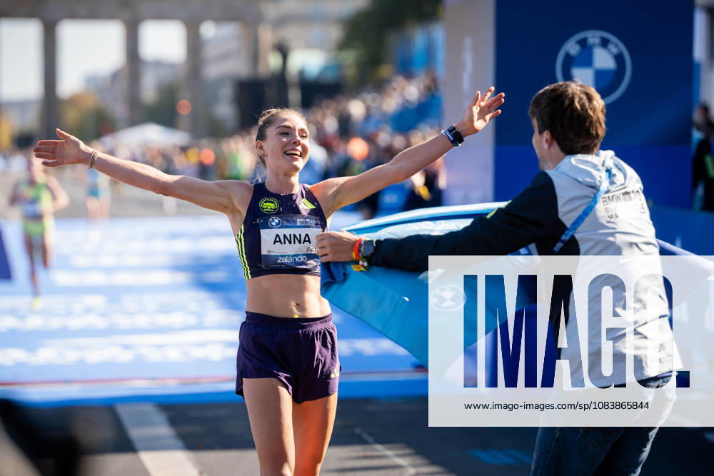 Anna Langerwisch (GER, Marathon Team Berlin) and Coach Timo Göhler at the Finish by the 52. BMW Berlin Marathon at Berlin on September 27, 2026 in Berlin, Germany.