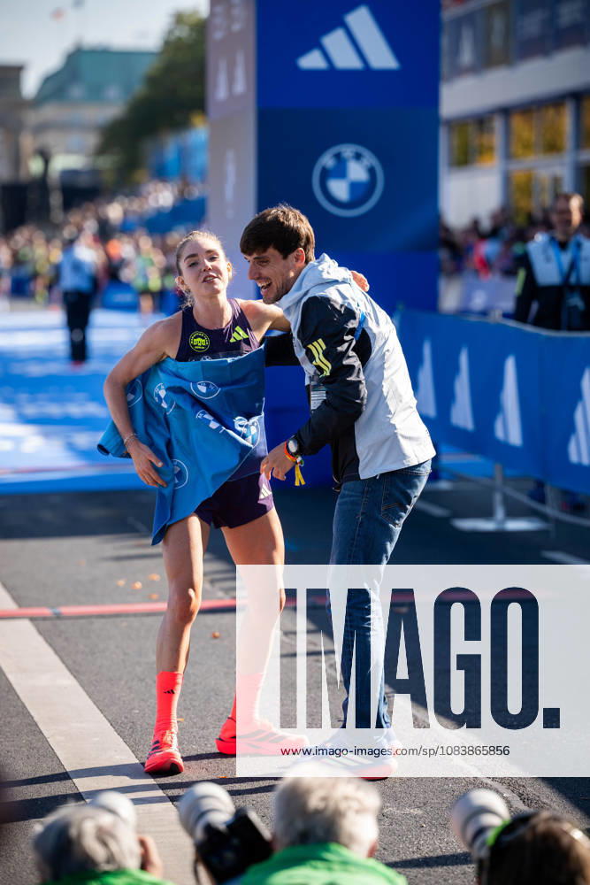 Anna Langerwisch (GER, Marathon Team Berlin) and Coach Timo Göhler at the Finish by the 52. BMW Berlin Marathon at Berlin on September 27, 2026 in Berlin, Germany.
