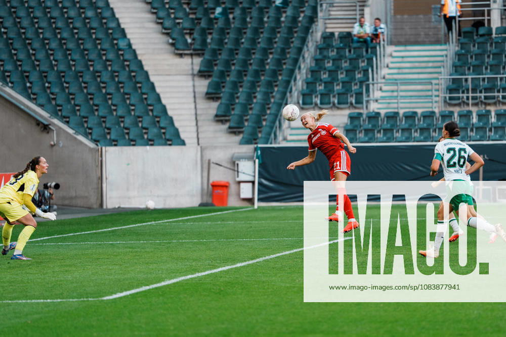 Germany, Soccer: 2026–2027 DFB Women s Cup, Round 1: Borussia Mönchengladbach vs. FC Bayern Munich – ista at Borussia Park: header, scoring chance, Pernille Harder (Bayern Munich), 21, Luisa Palmen (Borussia Mönchengladbach), 23, Maresa Arici (Borussia Mönchengladbach), 26